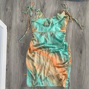 Tie-Strap Satin Slip Dress in Teal & Orange